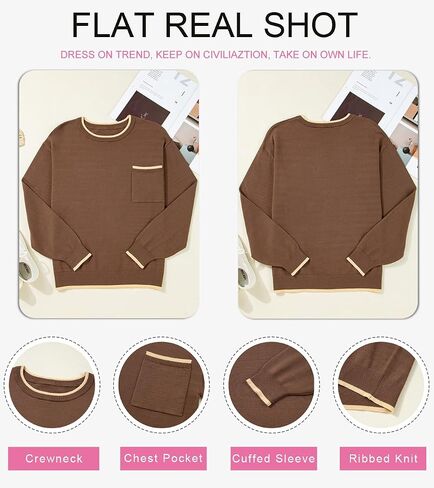 Dokotoo Womens Sweaters Casual Crewneck Long Sleeve Pullover Sweater Jumper Tops with Chest Pocket in Saudi Arabia