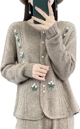 UIOKLMJH Women Loose Embroidered Open Stitch O-Neck Long Sleeves Soft Office Formal Sweater Coat in Saudi Arabia