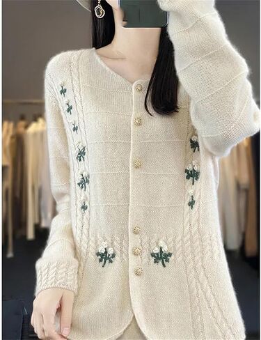 UIOKLMJH Women Loose Embroidered Open Stitch O-Neck Long Sleeves Soft Office Formal Sweater Coat in Saudi Arabia