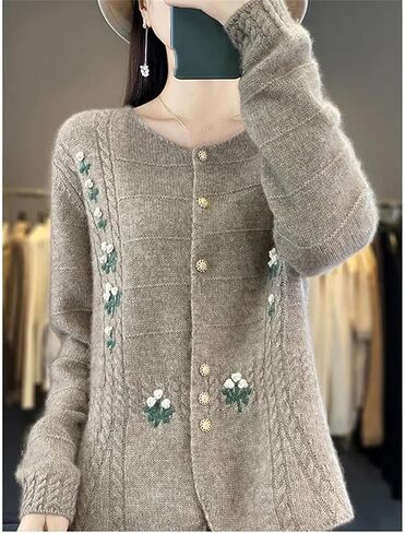 UIOKLMJH Women Loose Embroidered Open Stitch O-Neck Long Sleeves Soft Office Formal Sweater Coat in Saudi Arabia