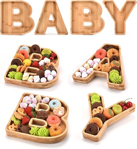 Wooden Baby Charcuterie Board Letters Serving Tray Decorative Platter 4 Pcs Bamboo Candy Tray for Baby Shower Alphabet Gender Reveal Decorations with Deeper Edge in Saudi Arabia