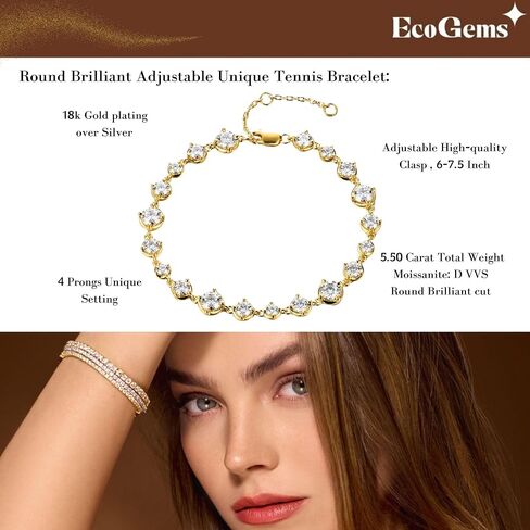 18K White Gold Plated Silver Bracelet With 5.50 Carat Total Weight Moissanite (D Color, Round Brilliant Shape, VVS Clarity) Bracelet For Women, Gift For Her Jewelry For Women Comes With Gift Box in Saudi Arabia