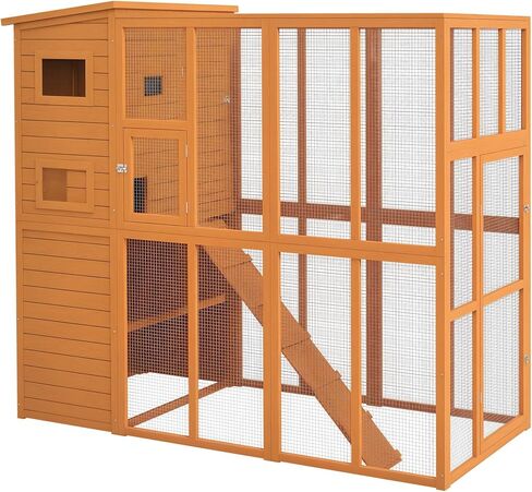Pawhut Catio Outdoor Cat patio ، فناء Cat خشبي مع منصات ، سقف إسفلت مقاوم للماء ، سلالم ، 77 "L ، طبيعي in Kuwait