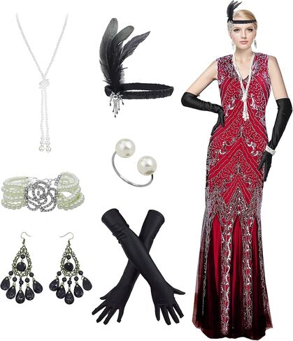 Women 's 1920s Sequin Gatsby Maxi Long Evening Prom Mermaid Hem Dress with 20s Costume Accessories in Kuwait