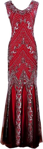 Women 's 1920s Sequin Gatsby Maxi Long Evening Prom Mermaid Hem Dress with 20s Costume Accessories in Kuwait