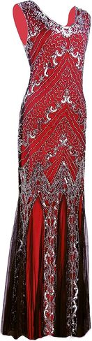 Women 's 1920s Sequin Gatsby Maxi Long Evening Prom Mermaid Hem Dress with 20s Costume Accessories in Kuwait