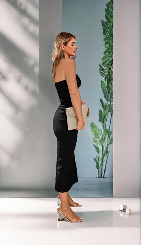 kinstell Women's Summer Bodycon Maxi Tube Dress Ribbed Strapless Side Slit Long Going Out Casual Dresses in Kuwait