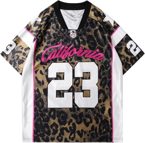 WDIRARA Men's Cheetah Letter Graphic Tees Oversized V Neck Short Sleeve Jersey T Shirt Tops in Saudi Arabia