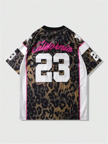 WDIRARA Men's Cheetah Letter Graphic Tees Oversized V Neck Short Sleeve Jersey T Shirt Tops in Saudi Arabia