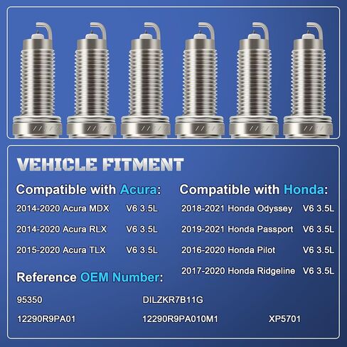 Iridium Platinum Spark Plugs 6 Pack 95350 DILZKR7B11G Compatible with Acura MDX TLX RLX 2014 2015 2016 2017 2018 2019 2020 & Honda Odyssey Pilot Passport Ridgeline 2017 2018 2019 2020 V6 3.5L in Saudi Arabia