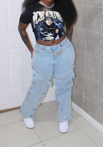 LETSVDO Women's High Waisted Cargo Jeans Straight Wide Leg Baggy Detachable Patchwork Asymmetrical Stretch Denim Pants in Kuwait