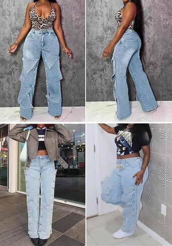 LETSVDO Women's High Waisted Cargo Jeans Straight Wide Leg Baggy Detachable Patchwork Asymmetrical Stretch Denim Pants in Kuwait