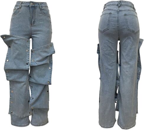 LETSVDO Women's High Waisted Cargo Jeans Straight Wide Leg Baggy Detachable Patchwork Asymmetrical Stretch Denim Pants in Kuwait