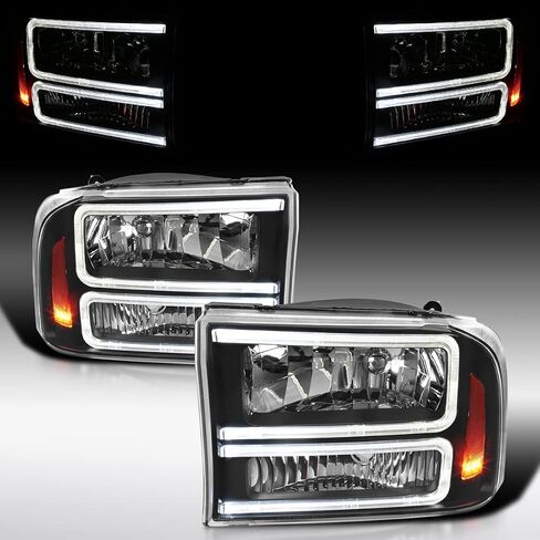 AutoZensation متوافق مع 1999-2004 Ford F-250 ، F-350 ، F-450 Superduty ، 2000-2004 رحلة ، مجموعة من مصابيح الرأس اليسرى ، المصابيح الأمامية السوداء مع شريط LED in Saudi Arabia