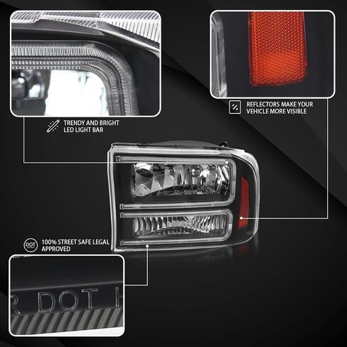 AutoZensation متوافق مع 1999-2004 Ford F-250 ، F-350 ، F-450 Superduty ، 2000-2004 رحلة ، مجموعة من مصابيح الرأس اليسرى ، المصابيح الأمامية السوداء مع شريط LED in Saudi Arabia