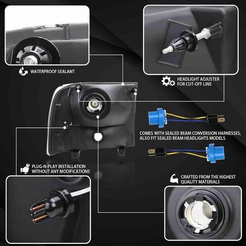 AutoZensation متوافق مع 1999-2004 Ford F-250 ، F-350 ، F-450 Superduty ، 2000-2004 رحلة ، مجموعة من مصابيح الرأس اليسرى ، المصابيح الأمامية السوداء مع شريط LED in Saudi Arabia