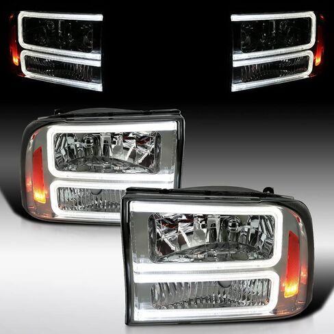 Autozensation Compatible with 1999-2004 Ford F-250, F-350, F-450 SuperDuty, 2000-2004 Excursion, Left + Right Head Lights Assembly, Black Headlights with LED Bar in Saudi Arabia