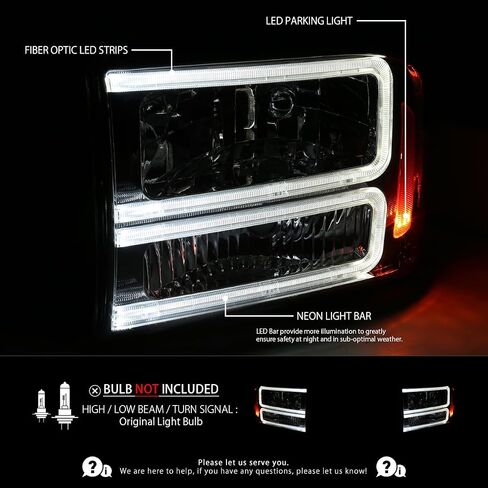 Autozensation Compatible with 1999-2004 Ford F-250, F-350, F-450 SuperDuty, 2000-2004 Excursion, Left + Right Head Lights Assembly, Black Headlights with LED Bar in Saudi Arabia