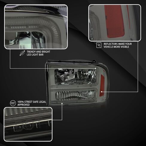 Autozensation Compatible with 1999-2004 Ford F-250, F-350, F-450 SuperDuty, 2000-2004 Excursion, Left + Right Head Lights Assembly, Black Headlights with LED Bar in Saudi Arabia