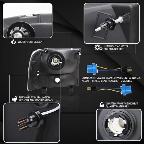 Autozensation Compatible with 1999-2004 Ford F-250, F-350, F-450 SuperDuty, 2000-2004 Excursion, Left + Right Head Lights Assembly, Black Headlights with LED Bar in Saudi Arabia