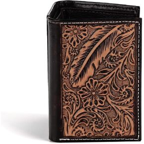 ARIAT Men's Trifold Wallet - Genuine Leather with Feather Embossed Design, Brown in Kuwait