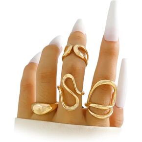 4Pcs Chunky Irregular Lava Rings Set,Trendy Plated Gold Geometric Metal Open Knuckle Ring,Charming Personalized Liquid Midi Ring Set for Women in Kuwait