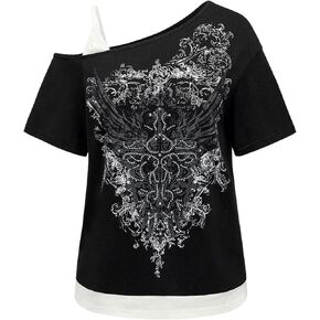 SOLY HUX Women's Plus Size Y2k Tops Gothic Graphic Tees Trendy Short Sleeve Asymmetrical Neck T Shirts in Saudi Arabia