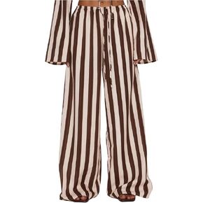 MakeMeChic Women's Linen Striped Pants Wide Leg Tie Front Elastic Waist Trousers in Kuwait