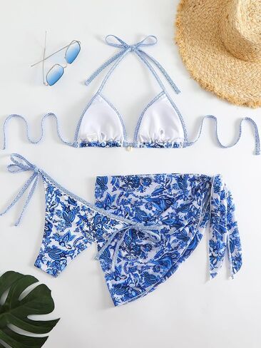 Women's 3 Piece Bikini Sets Boho Paisley Floral Print Halter Swimsuit Triangle Bathing Suit with Skirts Cover Up in Kuwait
