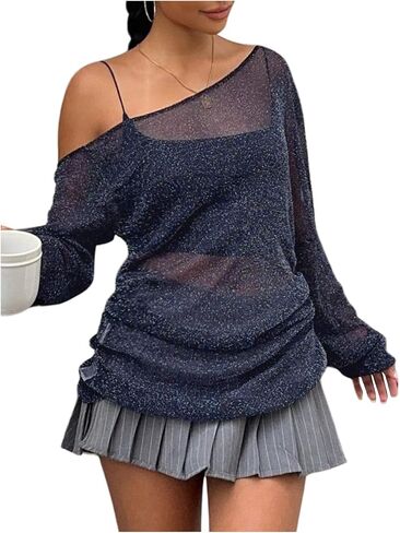 Milumia Women's Long Sleeve Sparkly Sheer Mesh Top Off Shoulder See Through Top Clubbing Rave Concert in Saudi Arabia