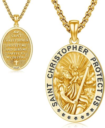 St Christopher Necklace Mens, 925 Sterling Silver for Traveler Patron Saint Christopher Medal Pendant Necklace for Women Father Brother Amulet Religious Jewelry Gifts in Saudi Arabia