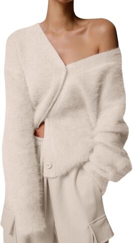 Arssm Womens Furry Cardigan Sweater Long Sleeve Cardigans Button Down V Neck Fluffy Knit Top Fashion 2024 Knitwear in Kuwait