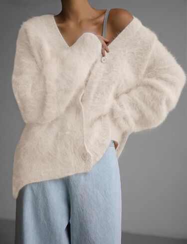 Arssm Womens Furry Cardigan Sweater Long Sleeve Cardigans Button Down V Neck Fluffy Knit Top Fashion 2024 Knitwear in Kuwait