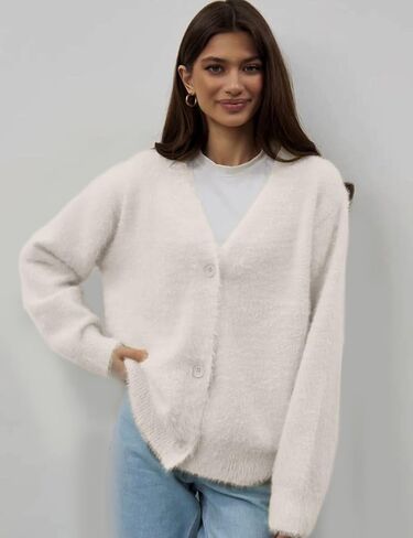 Arssm Womens Furry Cardigan Sweater Long Sleeve Cardigans Button Down V Neck Fluffy Knit Top Fashion 2024 Knitwear in Kuwait