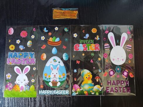 STARANDBEE Easter Cellophane Treat Bags,50 PCS Easter Candy,Cello Goodie Cooikes Gift Bags with 60 PCS Gold Twist Ties for Party Favor Supplies, 4 Assorted Styles in Kuwait