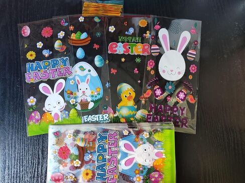 STARANDBEE Easter Cellophane Treat Bags,50 PCS Easter Candy,Cello Goodie Cooikes Gift Bags with 60 PCS Gold Twist Ties for Party Favor Supplies, 4 Assorted Styles in Kuwait
