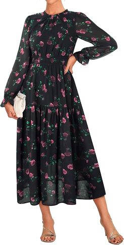 GRACE KARIN Women's Long Sleeve Maxi Dress Fall 2025 Chiffon Flowy Wedding Guest Dresses Floral Tiered Dress with Pockets in Saudi Arabia