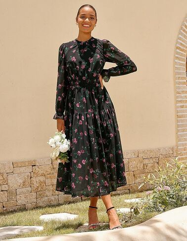 GRACE KARIN Women's Long Sleeve Maxi Dress Fall 2025 Chiffon Flowy Wedding Guest Dresses Floral Tiered Dress with Pockets in Saudi Arabia