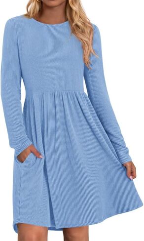 فساتين سقوط نساء Zenlonr 2025 غير الرسمية طويلة الأكمام الطويلة مضلعة Crewneck فستان قصير يتدفق الفساتين الحزب in Kuwait