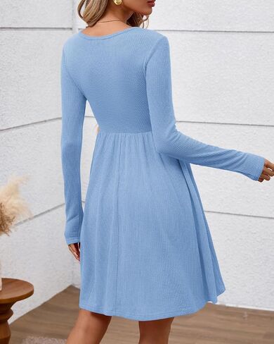 فساتين سقوط نساء Zenlonr 2025 غير الرسمية طويلة الأكمام الطويلة مضلعة Crewneck فستان قصير يتدفق الفساتين الحزب in Kuwait