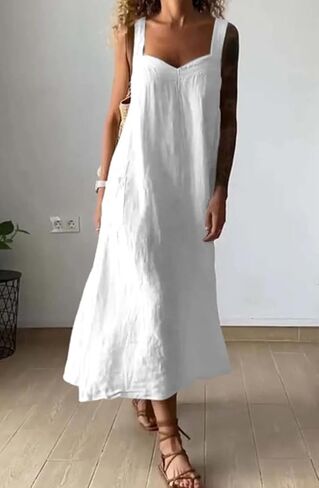 chouyatou Women's Summer Spaghetti Strap Sleeveless Linen Overall Dress Casual A-Line Midi Long Beach Dress in Saudi Arabia