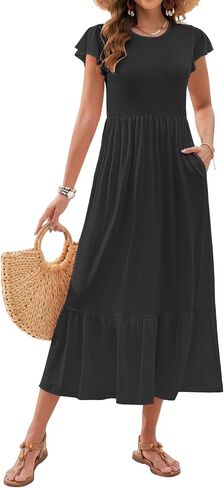 AUSELILY Womens Summer Maxi Dresses 2025 Casual Ruffle Sleeve Crewneck Loose Flowy Tiered Beach Sundress with Pockets in Saudi Arabia