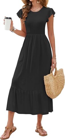 AUSELILY Womens Summer Maxi Dresses 2025 Casual Ruffle Sleeve Crewneck Loose Flowy Tiered Beach Sundress with Pockets in Saudi Arabia