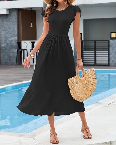 AUSELILY Womens Summer Maxi Dresses 2025 Casual Ruffle Sleeve Crewneck Loose Flowy Tiered Beach Sundress with Pockets in Saudi Arabia