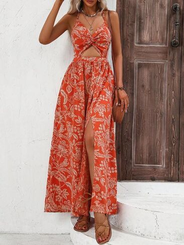 SISKIN Womens Maxi Dress Long Flowy Casual Sexy Summer Floral Beach Dresses, Spaghetti Strap Cut Out Twist Front Sundresses in Saudi Arabia