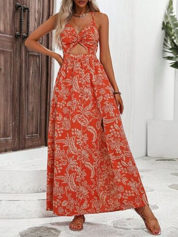 SISKIN Womens Maxi Dress Long Flowy Casual Sexy Summer Floral Beach Dresses, Spaghetti Strap Cut Out Twist Front Sundresses in Saudi Arabia