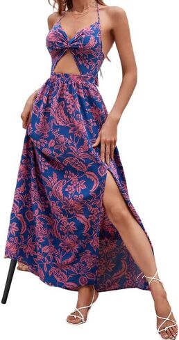 SISKIN Womens Maxi Dress Long Flowy Casual Sexy Summer Floral Beach Dresses, Spaghetti Strap Cut Out Twist Front Sundresses in Saudi Arabia
