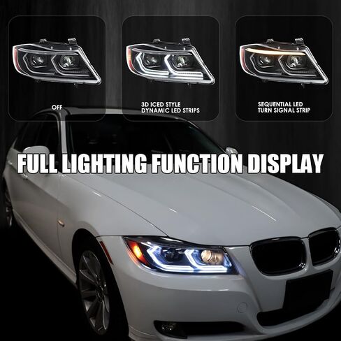 Spec Tuning Black Dual Projector المصابيح الأمامية مع أنبوب LED ثلاثي الأبعاد والرسوم المتحركة بدء التشغيل المتوافقة مع عام 2006-2011 BMW 3-Series E90 Sedan/E91 ، in Saudi Arabia