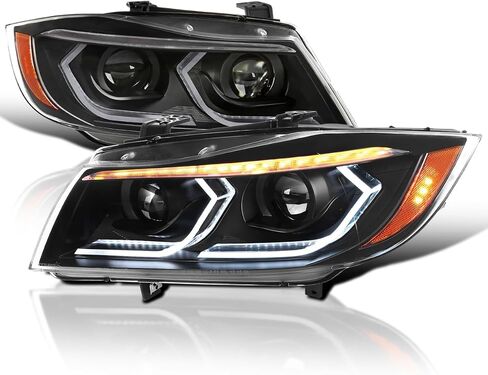 Spec Tuning Black Dual Projector المصابيح الأمامية مع أنبوب LED ثلاثي الأبعاد والرسوم المتحركة بدء التشغيل المتوافقة مع عام 2006-2011 BMW 3-Series E90 Sedan/E91 ، in Saudi Arabia