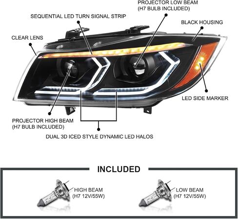 Spec Tuning Black Dual Projector المصابيح الأمامية مع أنبوب LED ثلاثي الأبعاد والرسوم المتحركة بدء التشغيل المتوافقة مع عام 2006-2011 BMW 3-Series E90 Sedan/E91 ، in Saudi Arabia